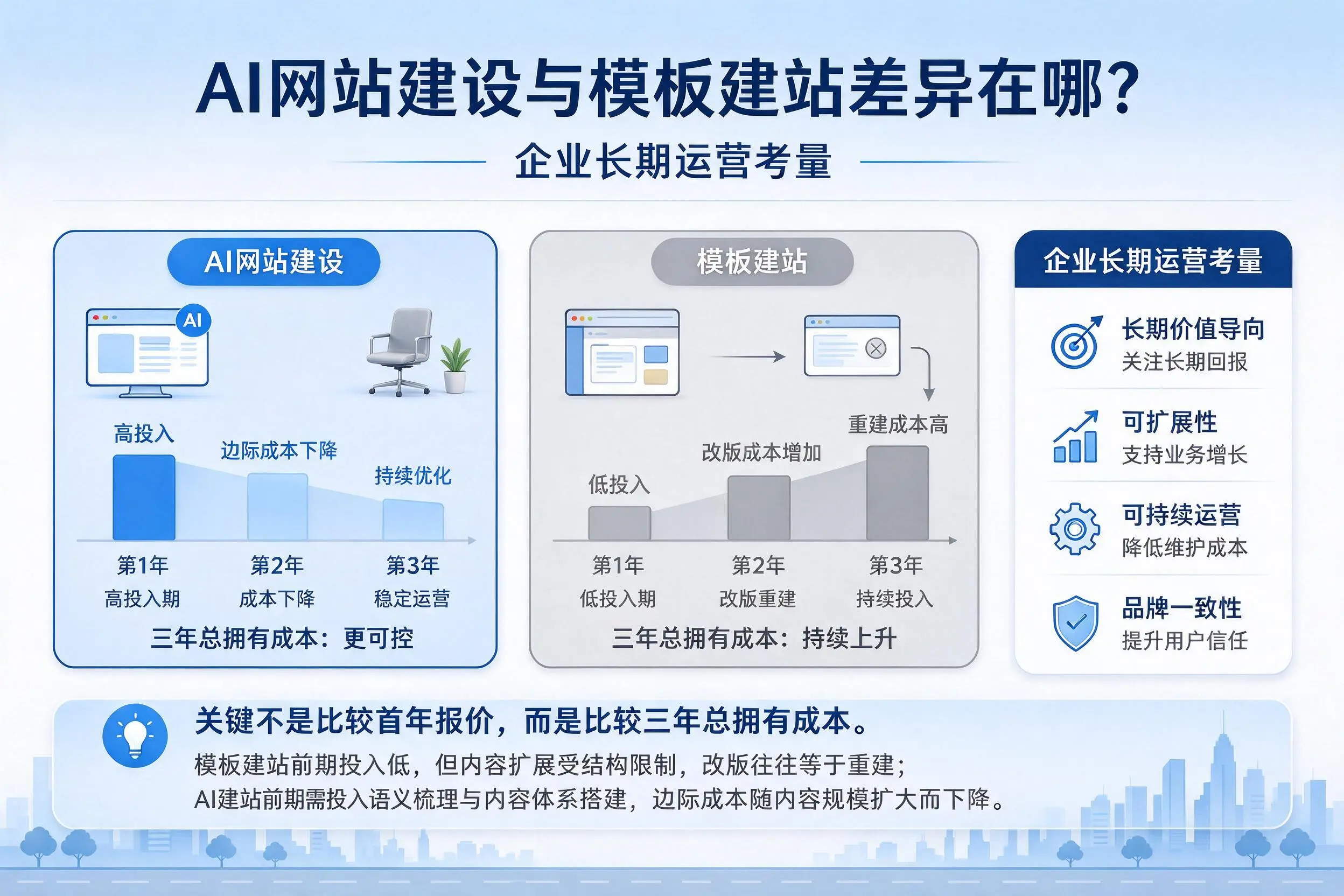 AI网站建设与模板建站差异在哪?眉山企业长期运营考量